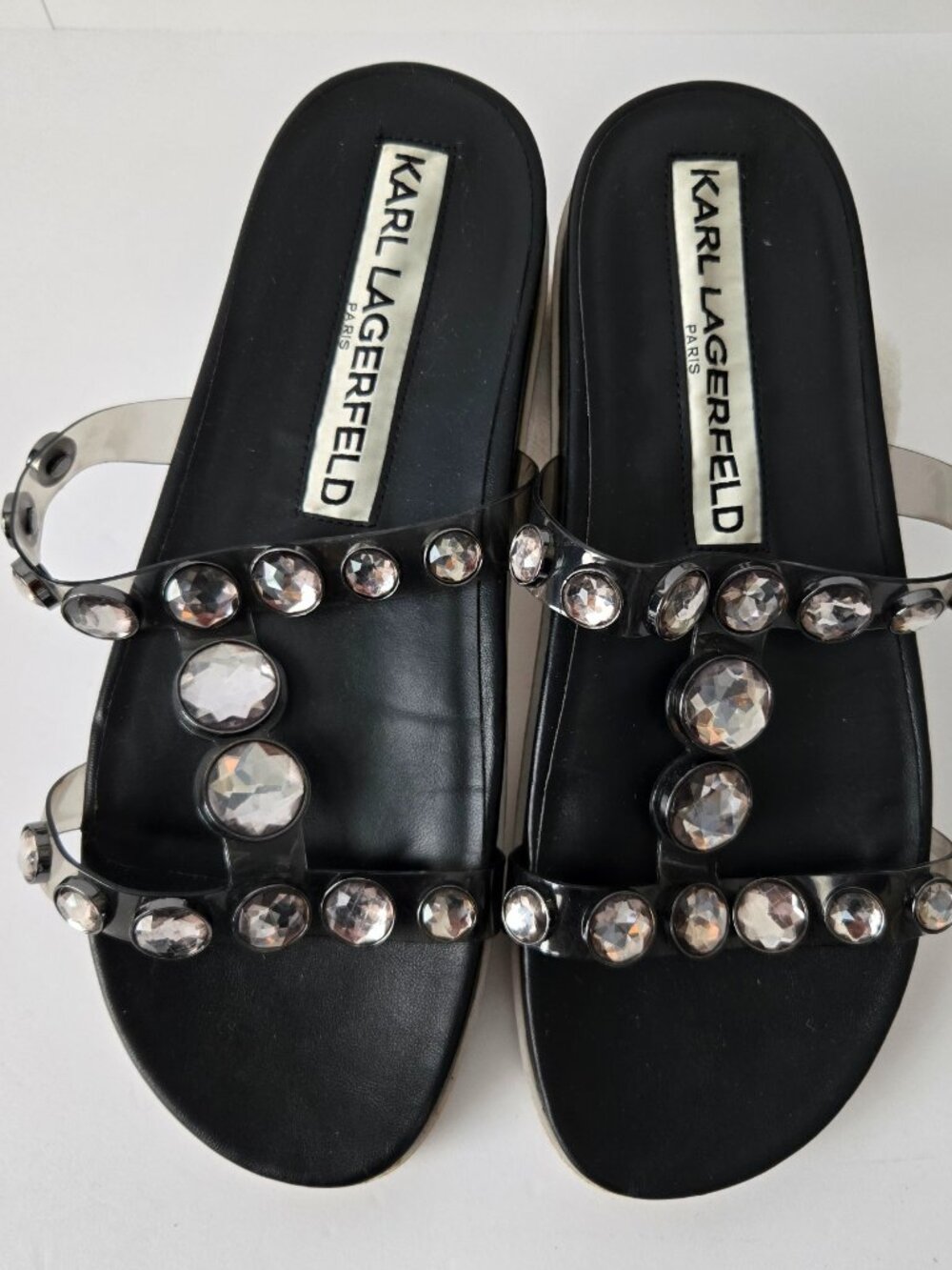 ⚜️Karl Lagerfeld Black Slide Sandals with Clear Gem Studs